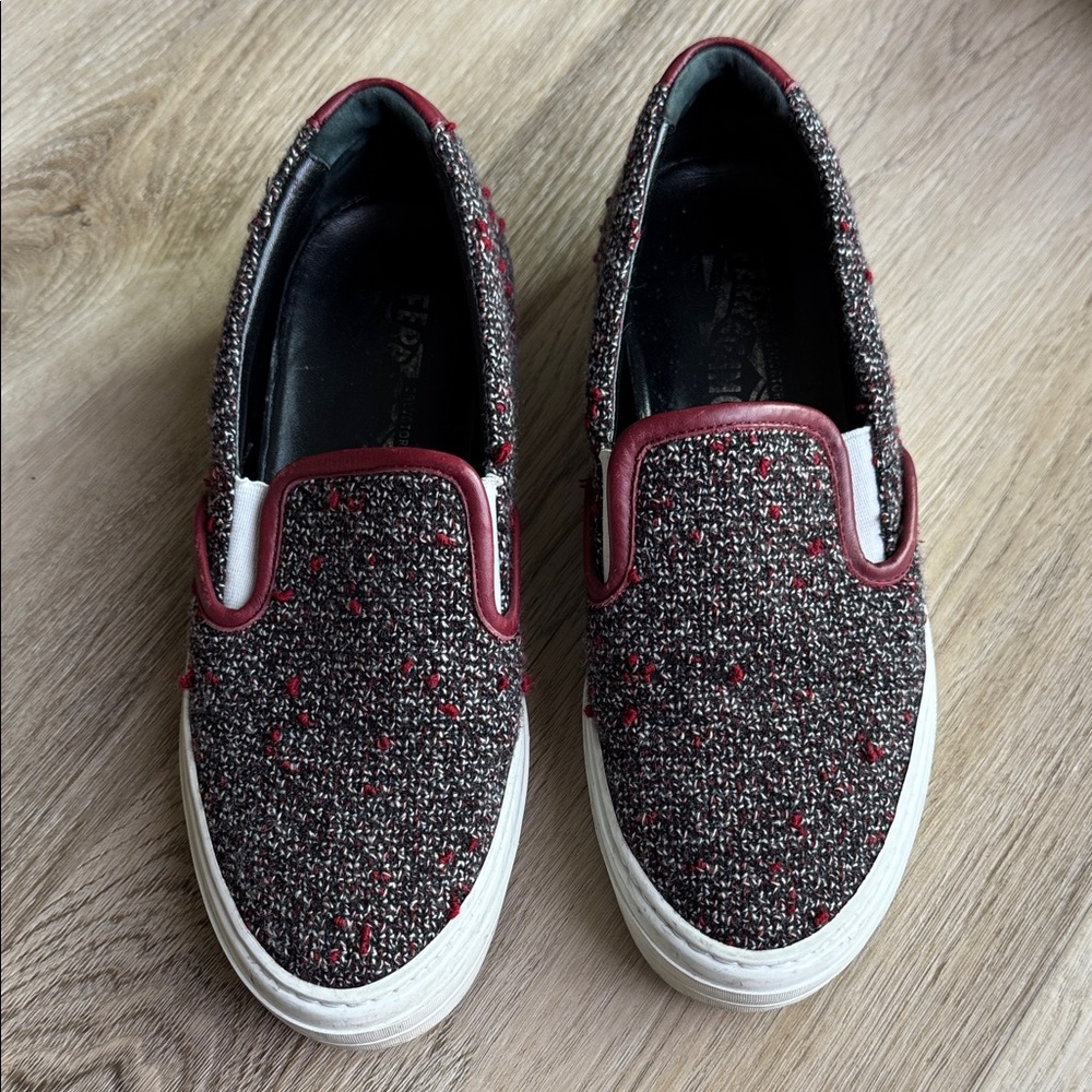 Tweed Slip-On Sneakers with Red Trim